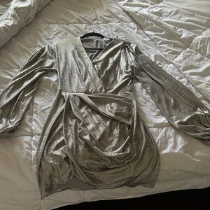 Ramy Brook Silver Metallic Long Sleeve Dress